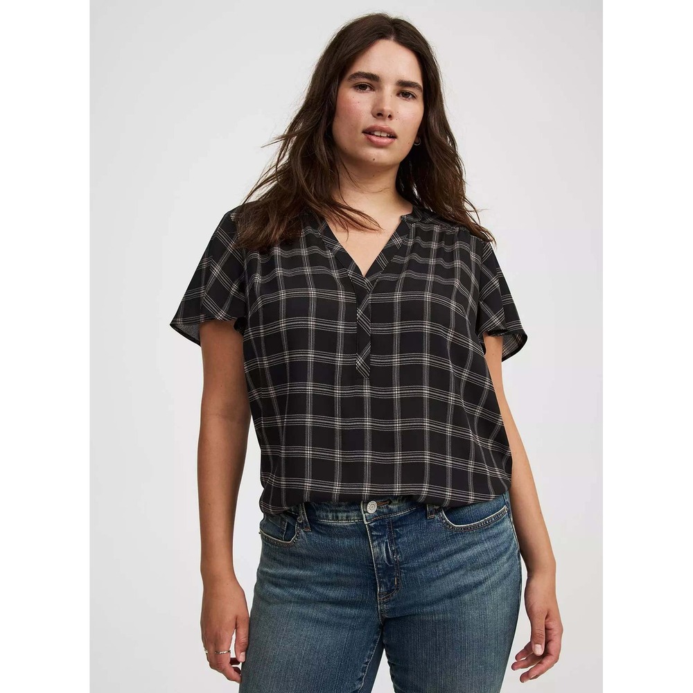 Torrid Harper Black White Plaid Georgette Flutter Sleeve Blouse Size 4 4X NWT